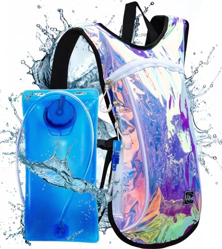 Vibe Festival Gear Rave Hydration Pack Backpack with 2L Water Bladder for Women Men – Festival Hydropack, Hydro Pack, Leak Proof, Lightweight – Teens, Party, Hiking, Running, Outdoor Sports - color: Gold Pink Holographic