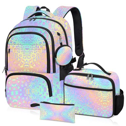 Leopard Print Backpack for Girls, Girls Backpacks with Lunch Box and Pencil Case for School, Kids Leopard Bookbag - color: Leopard