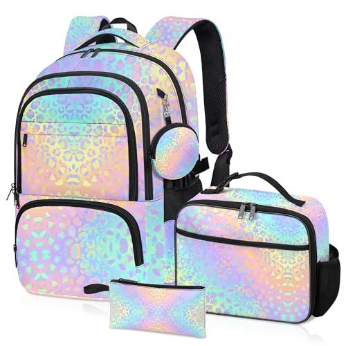 Leopard Print Backpack for Girls, Girls Backpacks with Lunch Box and Pencil Case for School, Kids Leopard Bookbag - color: Leopard