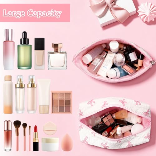 Initial Makeup Bag, Valentines Day Gifts for Women Teens Girls Birthday Gift Personalized Bow Cosmetic Bag, Quilted Cosmetic Travel Toiletry Pouch, Cute Makeup Organizer Teen Girl Gifts Trendy Stuff A - color: A