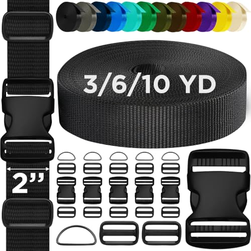 TECEUM Buckles & Strap Kit – 2" Black Nylon Webbing 6 (yd) – 6 Heavy Duty Adjustable Plastic Buckles – 12 Tri-Glide Slide Clips – 6 Metal D-Ring – Ideal Straps for Arts Crafts Outdoors Indoors DIY - color: Black, size: 2" - 6 yards, style: 6 Buckle - 12 S