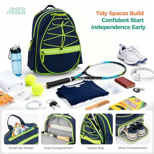 Choco Mocha Kids Tennis Bag, 16 Inch Youth & Junior Tennis Backpack with Shoe Compartment, Holds 2 Rackets (21–23 Inch) - color: Camo Gray