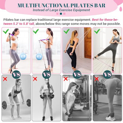 COFOF Pilates Bar Kit with Resistance Bands, Multifunctional Yoga Pilates Bar with Heavy-Duty Metal Adjustment Buckle, Portable Home Gym Pilates Resistance Bar Kit for Women Full Body Workouts - color: Purple