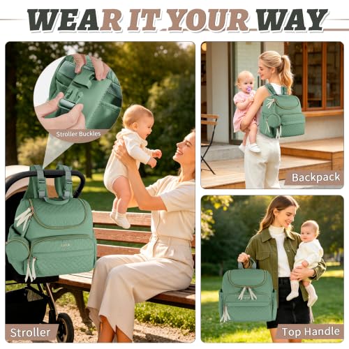 Diaper Bag Backpack, 22L Large Quilted Small Baby Bag with Changing Pad & Pacifier Case, Stroller Hooks, Easy-Access Baby Essential, Maternity Travel Backpack Unisex, Green - color: Green, size: Small