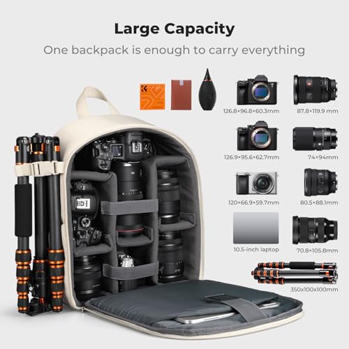 K&F CONCEPT Camera Bag Backpack, Professional DSLR/SLR/Mirrorless Camera Backpack, Photography Camera Case with Tripod Holder & Rain Cover Compatible with Canon/Sony/Nikon/FUJIFILM - color: 04-beige