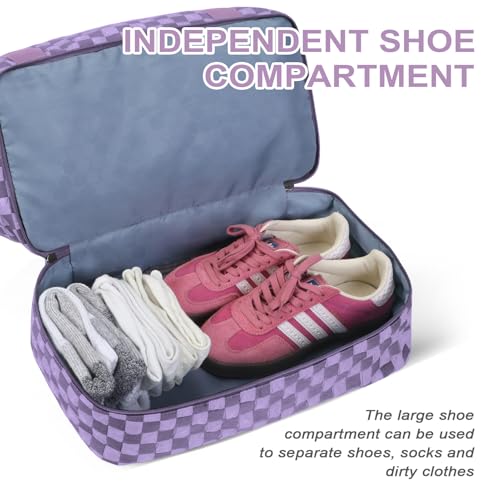 WOOMADA Weekender Bag for Women, Travel Duffel Bags with Shoe Compartment & Wet Pocket, Personal Item Bag for Airlines - color: Lavender Checkerboard