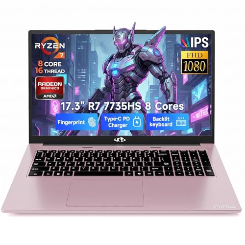 NIMO 17.3" Gaming Laptop, AMD Ryzen 7 7735HS 8 Cores, 8GB DDR5 256GB SSD, Windows 11, FHD IPS 180° View, Fingerprint, Backlit Keyboard, 100W Fast Charging, WiFi 6E Computer, for Business & Student - color: Rose Gold, style: 8GB RAM | 256GB SSD