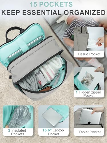 MOMINSIDE Diaper Bag Backpack - Large Puffer Diaper Bag - Neoprene Diaper Bag Quilted Baby Bag, Large Changing Pad, 15 Pockets, Lightweight, Grey - color: Grey