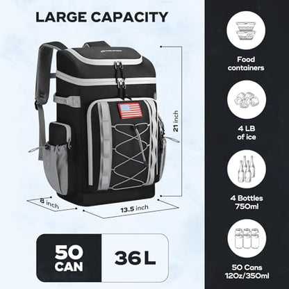 Maelstrom 35/50 Can Insulated Backpack Cooler, Leakproof Soft Lunch Ice Bag - color: Black, size: 50 Can