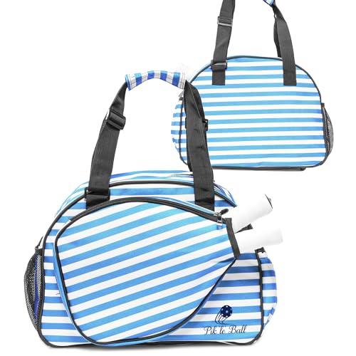 Pik’le’Ball Sport Premium Women's Pickleball Bag – Stylish and Versatile Sports Bag with Water Bottle Holder, Padded Paddle Pocket, and Spacious Design (fits 2+ Paddles!) - color: Stylish Stripe Blue