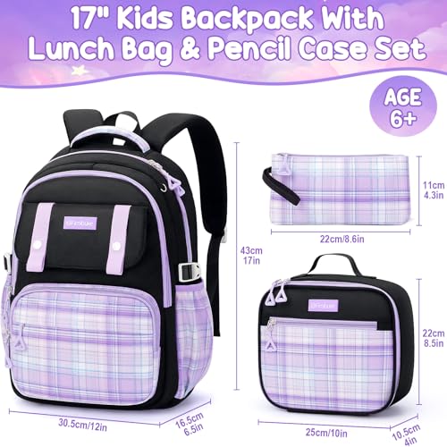 Fimibuke School Backpack for Girls, 3 PCS Waterproof Teen Girls Backpack with Lunch Box, Pencil Pouch Set, Cute Kids Bookbag School Bag for Elementary Middle High School Student Age 6+(Black & Purple) - color: A4.purple & Black