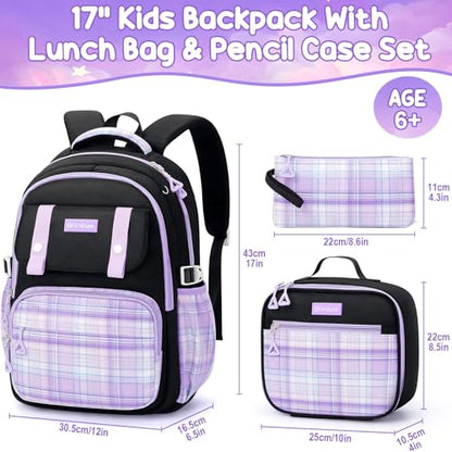 Fimibuke School Backpack for Girls, 3 PCS Waterproof Teen Girls Backpack with Lunch Box, Pencil Pouch Set, Cute Kids Bookbag School Bag for Elementary Middle High School Student Age 6+(Black & Purple) - color: A4.purple & Black