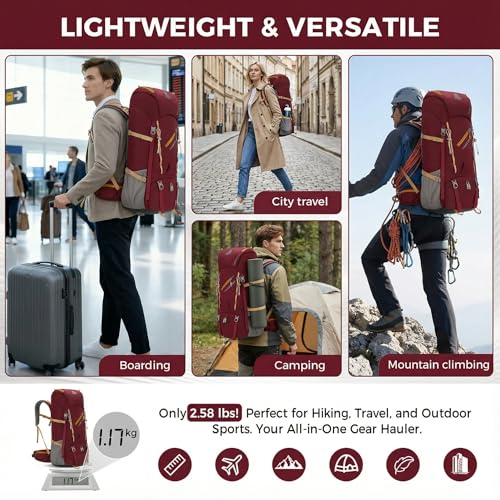 Bseash 65L Waterproof Hiking Camping Backpack with Rain Cover, Outdoor Sport Travel Daypack for Climbing Touring (Wine Red) - color: Wine Red