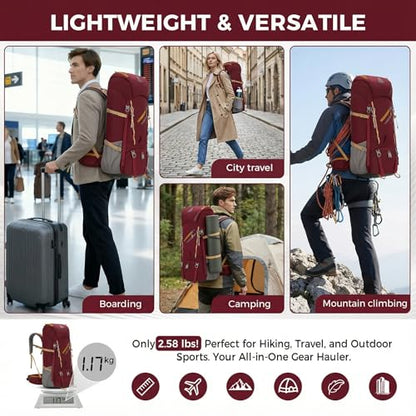 Bseash 65L Waterproof Hiking Camping Backpack with Rain Cover, Outdoor Sport Travel Daypack for Climbing Touring (Wine Red) - color: Wine Red