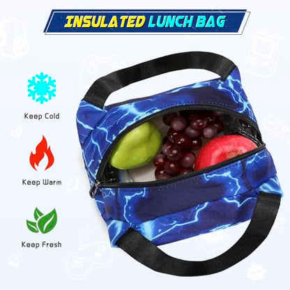 Scothen Boys Backpack, Cool Luminous Gamer School Backpacks for Boys with 14oz Insulated Water Bottle Lunch Bag Pencil Case, Kids Backpack Book Bags for Kindergarten Elementary Middle School - color: Lightning-blue
