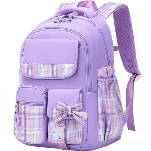 MCWTH Checkered Backpack for Teen Girls, Kawaii Cute Kids Elementary Student School Backpacks (Bow Purple) - color: Checkered Purple