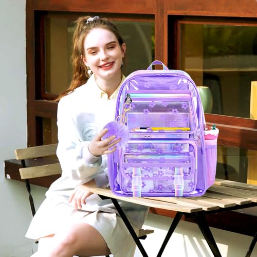 KLFVB See Through Backpack Heavy Duty, 3PCS Girls Clear School Bag Set, Cute Transparent Bookbag for Women - Plum Blossom Purple - color: Plum Blossom Purple Clear Backpack
