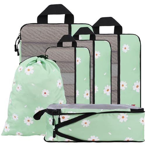 U+U 6 Set Compression Packing Cubes - Ultralight Travel Organizers with Laundry Bag, Space-Saving Suitcase Organizer, Expandable Packing Cubes for Travel, Business Trip and Family Vacation (Daisy) - color: Daisy, size: 6 Set