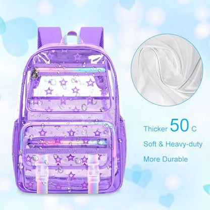 KLFVB 3PCS Clear Bookbag Heavy Duty, Girls See Through School Bag Set, Cute Transparent Backpack for Women - Star Purple - color: Star Purple Clear Backpack