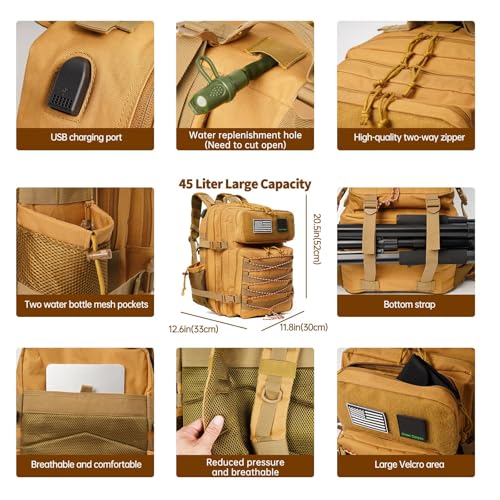 Green Canyon 45L 900D Tactical Backpack Water Resistant Military Assault Molle Backpack for Men Women Hiking Rucksack 3 Day Bug Out Bag, Khaki