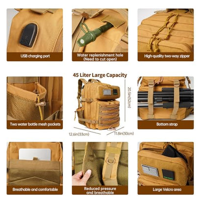 Green Canyon 45L 900D Tactical Backpack Water Resistant Military Assault Molle Backpack for Men Women Hiking Rucksack 3 Day Bug Out Bag, Khaki