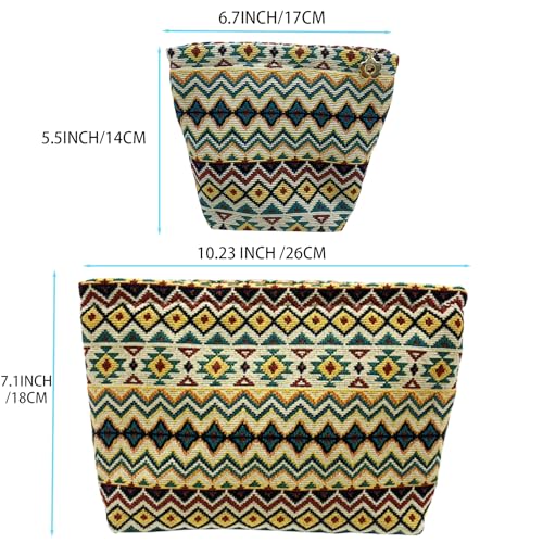 getgto 2 Pcs Makeup Bags, Large Cosmetic Bag Travel Toiletry Bag Organizer for Women, Embroidery Craft, Stripe Makeup Bag Small Cosmetic Pouch Purse with Zipper Gifts for Girls Teen - color: Brown wave