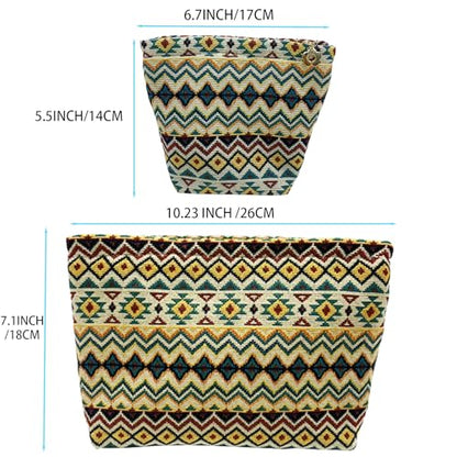 getgto 2 Pcs Makeup Bags, Large Cosmetic Bag Travel Toiletry Bag Organizer for Women, Embroidery Craft, Stripe Makeup Bag Small Cosmetic Pouch Purse with Zipper Gifts for Girls Teen - color: Brown wave