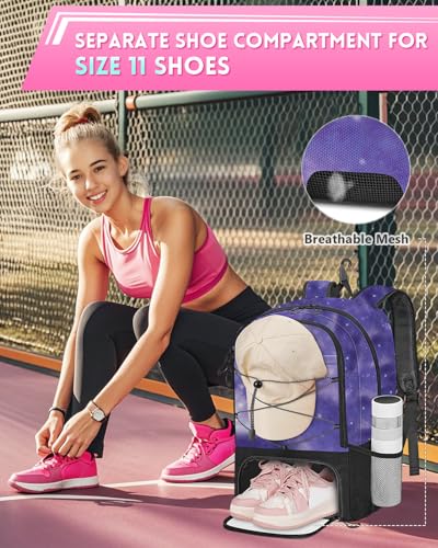 MATEIN Girls Soccer Backpack with Ball Holder, Shoe Compartment, Fence Hook - color: Galaxy Purple