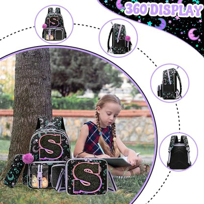 HTgroce Backpacks for Girls School Bag Kids Black Bookbag for Elementary Students Kids Backpack with Lunch Box and Pencil Case - color: Black, style: S