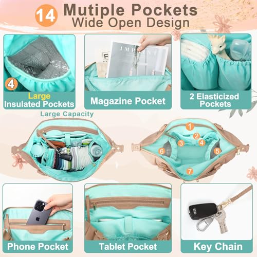 MOMINSIDE Diaper Bag Tote, Leather Diaper Bag Backpack with 14 Pockets, Convertible Baby Bag for Boys Girls, Pañaleras Para Bebe Mommy Bag, Changing Pad, Large 4 Insulated Pockets (Camel) - color: Camel