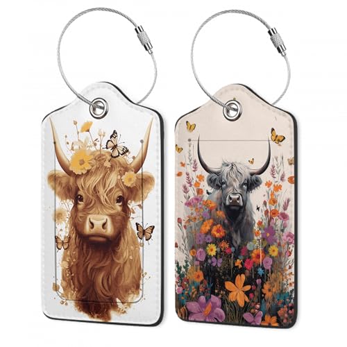 Highland Cow Luggage Tags for Suitcase,Flower Luggage Tags of Set 2 Leather Identifiers Privacy Cover with Stainless Steel Loop for Women Men Travel Bag Suitcase