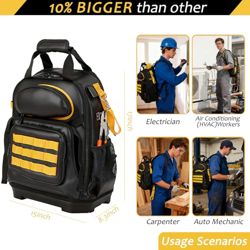 Tool Bag Backpack, Electrician Tool Backpack Heavy Duty with Laptop Compartment，Hvac Tool Back Pack w/Waterproof Molded Hard Bottom, Work Hvac Tool Backpack for Men Women Mechanic Construction