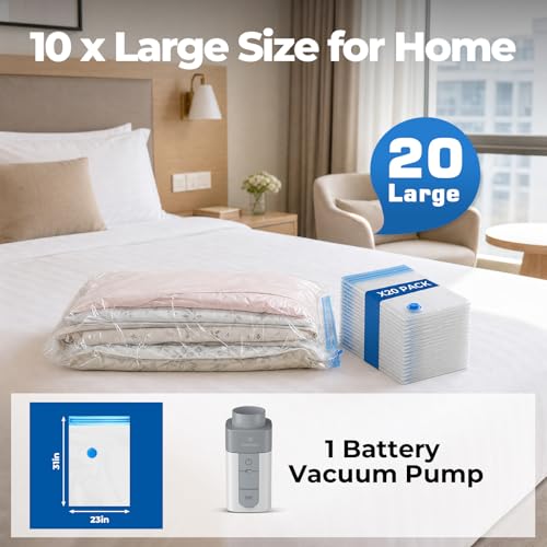 ETENWOLF Vacuum Storage Bags for Travel with Rechargeable Wireless Pump, Vacuum Seal Bags for Clothes and Travel, Space Saver Bags in Carry-On Sizes, Perfect for Luggage and Suitcases, 20 Large - size: 20 Large Size-E