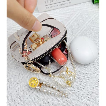 2 pcs Cute Mini Cosmetic Bag for Women PU Leather Backpack Keychain Makeup Bag Key Pocket Lipstick Bag Card Holder Data Cable Organizer Zipper Pouch (Handbag, Rose Red + White) - color: Rose Red + White