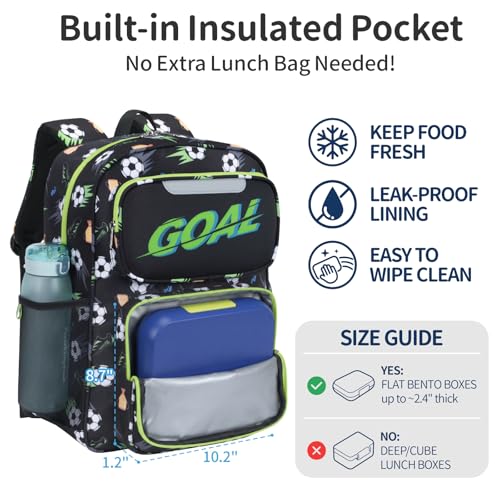 Kids Backpack for Boys - 17 Inch Insulated School Bag Ages 8-10 | Elementary Backpack for Grades 3-5, Fits Binder Laptop, Insulated Pocket, Reflective Strips, S-Curve Straps, Black Soccer - color: Black Football