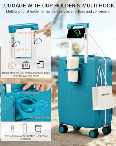 Hanke 20 Inch Top Opening Carry On Luggage with Cup Holder, Hard Shell Suitcase with Spinner Wheels, USB Ports, TSA Lock Aluminum Frame, Dry Wet Separation & Removable Divider, Caribbean Blue - color: Caribbean Blue, size: 20 Inch Pro
