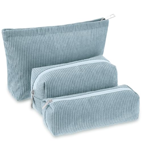 Huhumy 3 Pcs Makeup Bag Set for Women Corduroy Cosmetic Pouch Aesthetic Smile Travel Toiletry Bag Cute Purse Pouch Pencil Case Makeup Brushes Storage Organizer with Zipper(Blue,Solid Style) - color: Blue, style: Solid Style
