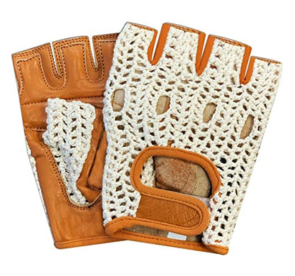 Real Soft Leather Crochet Net Fingerless Driving Weight Training Cycling Wheelchair Gloves W-1037 - color: Tan/White, size: Medium