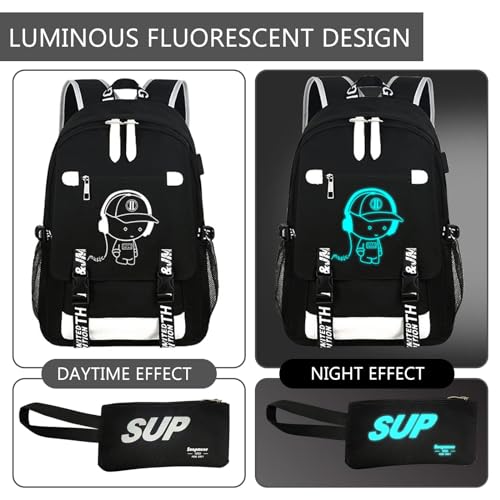 Luminous Pattern Travel Laptop Backpack - Adjustable Shoulder Strap Waterproof Black Backpack With Usb Charging Port & Headphone Port School Backpack Includes Pencil Bag,combination Lock