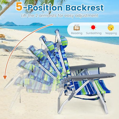 COSTWAY Portable Folding Backpack Beach Chairs Set of 2 with 5-Position Backrest, Padded Headrest, Cup Holder & Ice Bag for Lawn, Poolside (Blue Stripe) - color: Blue Stripe