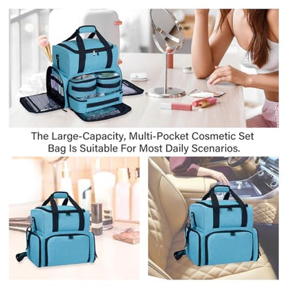 Large Makeup Cosmetic Bag with 3 Removable Case and 2 Removable Dividers Double Layer Travel Storage Organizer, Makeup Brushes Storage Section Lake Green - color: Lake Green