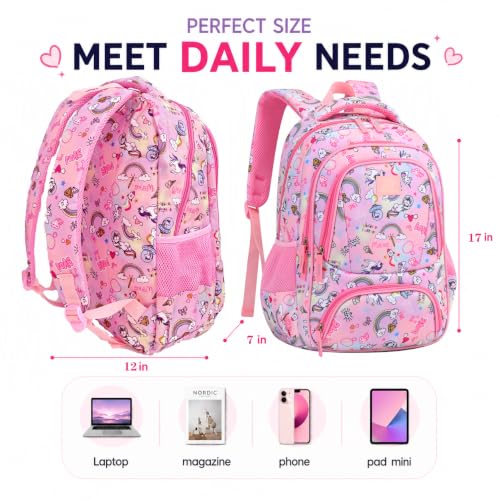 MYGOO Girls School Backpack Doubleday Unicon Pink Bookbag for Elementary Middle School Ages 5-12, 17 inch Large Capacity 24L Kids Student Travel Bags - color: Doubleday Unicon Pink