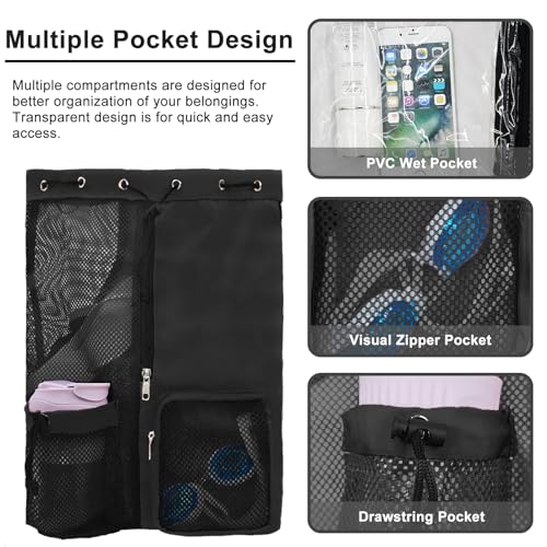 Mesh Beach Backpack with Wet Pocket Drawstring Pool Bag Waterproof Swimming Bag Gym Backpack for Men & Women - color: Black