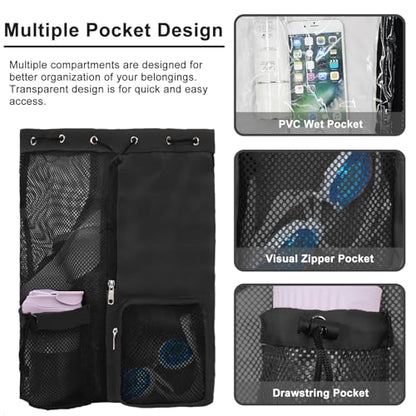 Mesh Beach Backpack with Wet Pocket Drawstring Pool Bag Waterproof Swimming Bag Gym Backpack for Men & Women - color: Black
