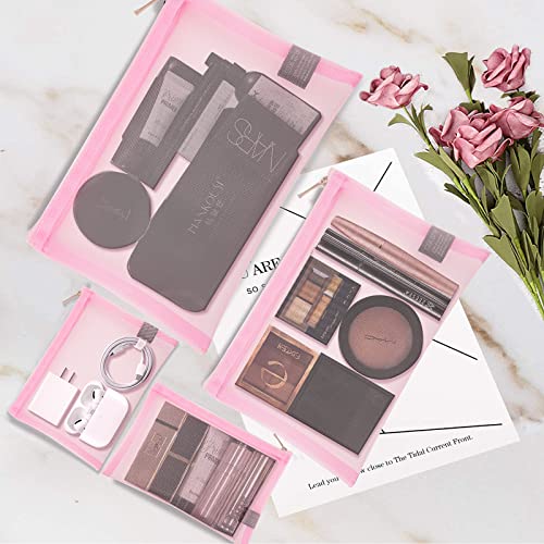 EASYFUN Mesh Pouch, Make up Bag with Zipper Cosmetic Organizer Pouch for Daily or Travel to Keep Small Items, 4 PCS Pink - color: Pink