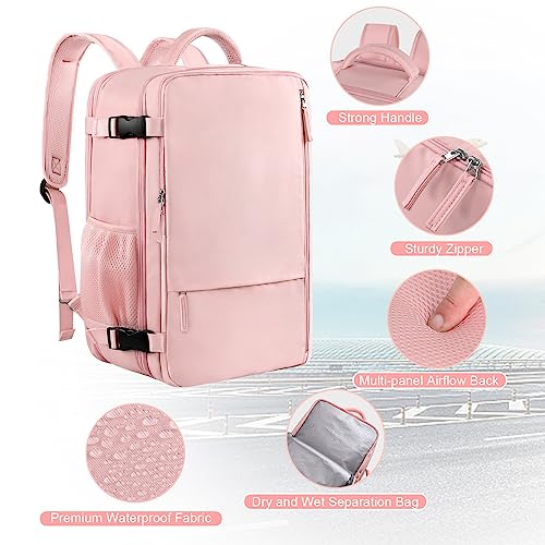 Sinaliy Large Travel Backpack for Women, 40L Carry On Backpack, 17 Inch Laptop Waterproof Backpack, College Bookbag, Backpack for Women, as Person Item Flight Approved - color: Pink