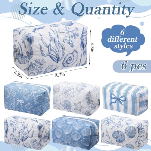 Hillban 6 Pcs Ocean Quilted Cosmetic Bags Coastal Themed Gifts Ocean Aesthetic Essential Makeup Bags Starfish Coral Seashell Beach Kit for Women Travel Vacation Accessories(Seashell) - style: Seashell