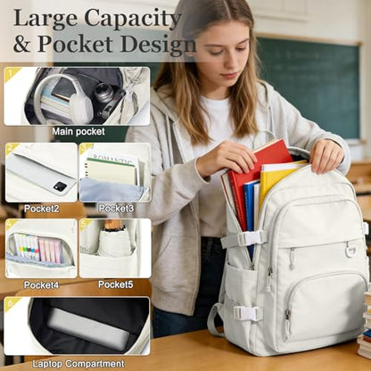 Lightweight College Backpack for Women Men Cute School Bag for Teens Girls Boys High School Backpack for Students Waterproof Casual Daypack Backpack（Beige） - color: A2-beige