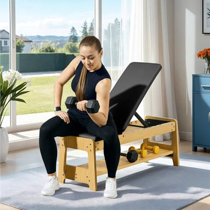 Soozier Adjustable Weight Bench with Dumbbell Rack, Wooden Workout Bench, Flat or Incline Bench for Home Gym Weight Lifting Training - color: Black