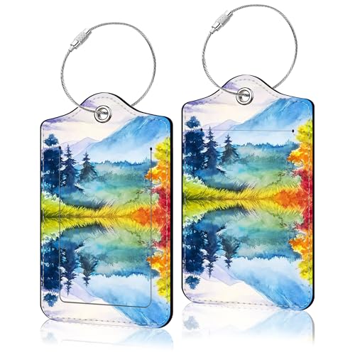 2 Pack Luggage Tag for Suitcase, Cute Unique Leather Suitcase Tags Identifiers with Privacy Name Address Labels & Durable Steel Loop for Women Men Travel - color: Beautiful Scenery
